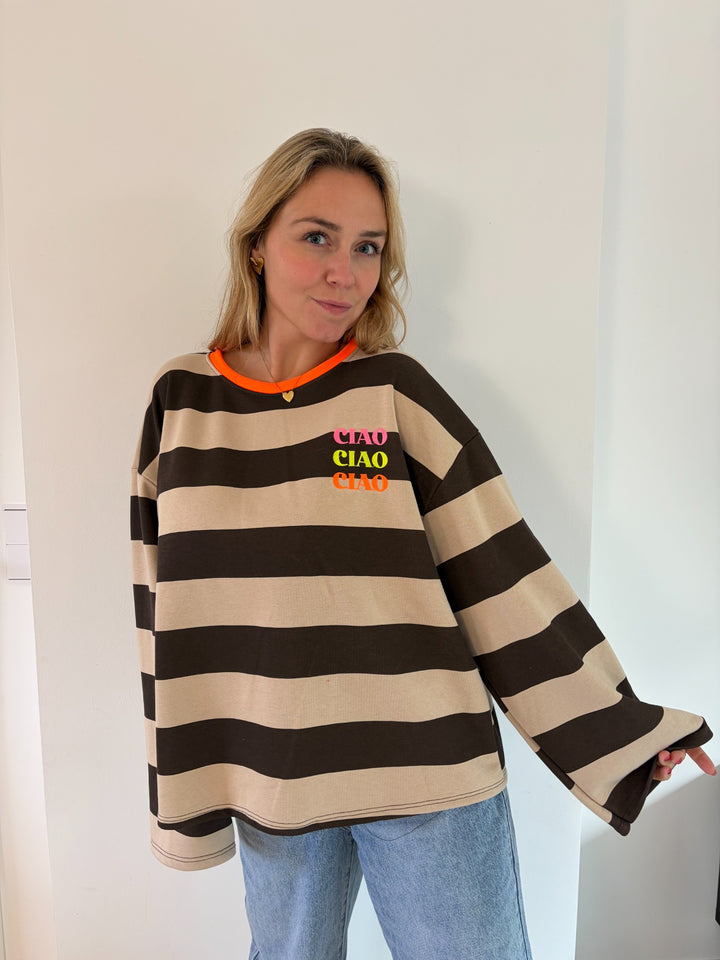 Oversize-Langarmshirt CIAO in Beige-Dunkelbraun mit orangefarbenem Ausschnitt, Vorderansicht
