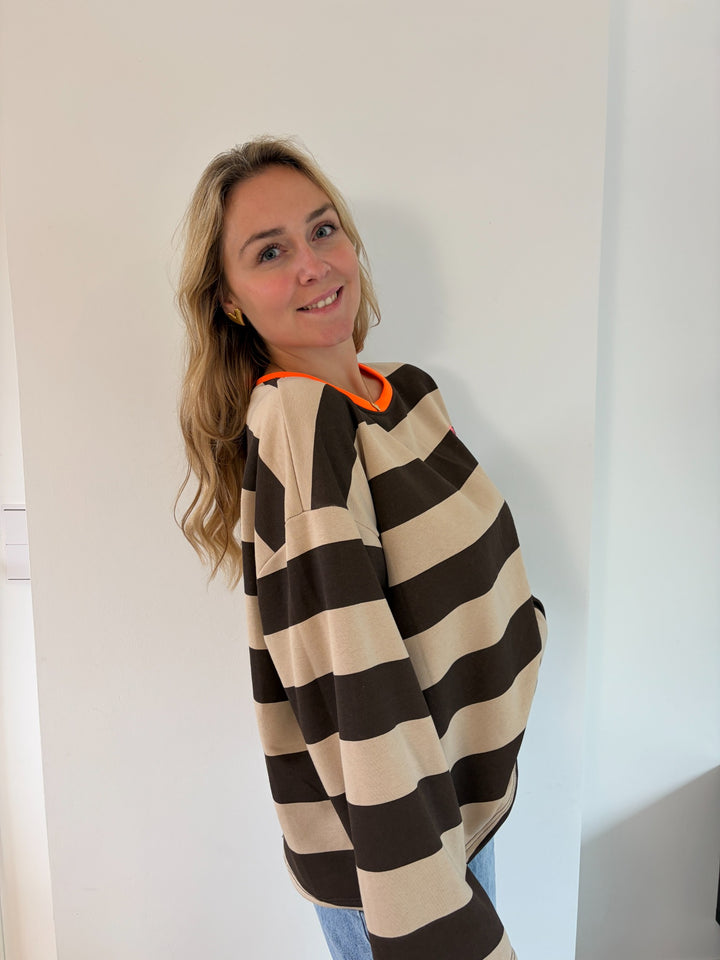Beige-dunkelbraunes Oversize-Langarmshirt mit breiten Streifen, Rückansicht