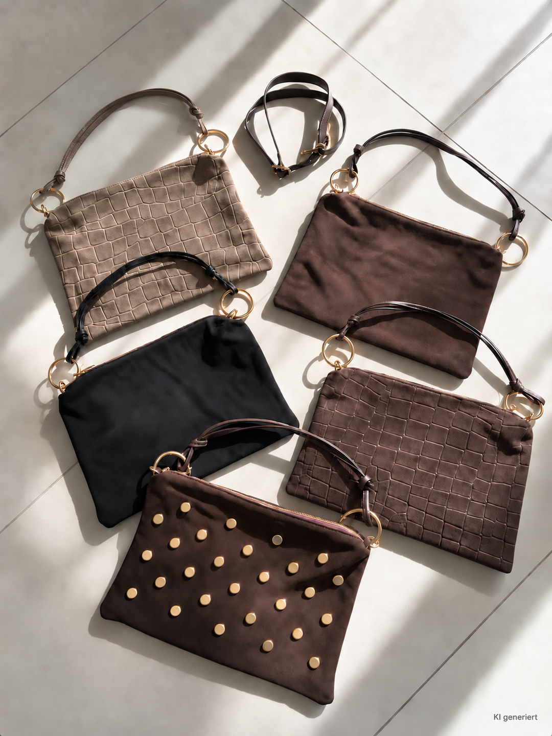 Echtledertaschen in Taupe, Dunkelschokobraun und Schwarz mit Kroko- und Nieten-Details