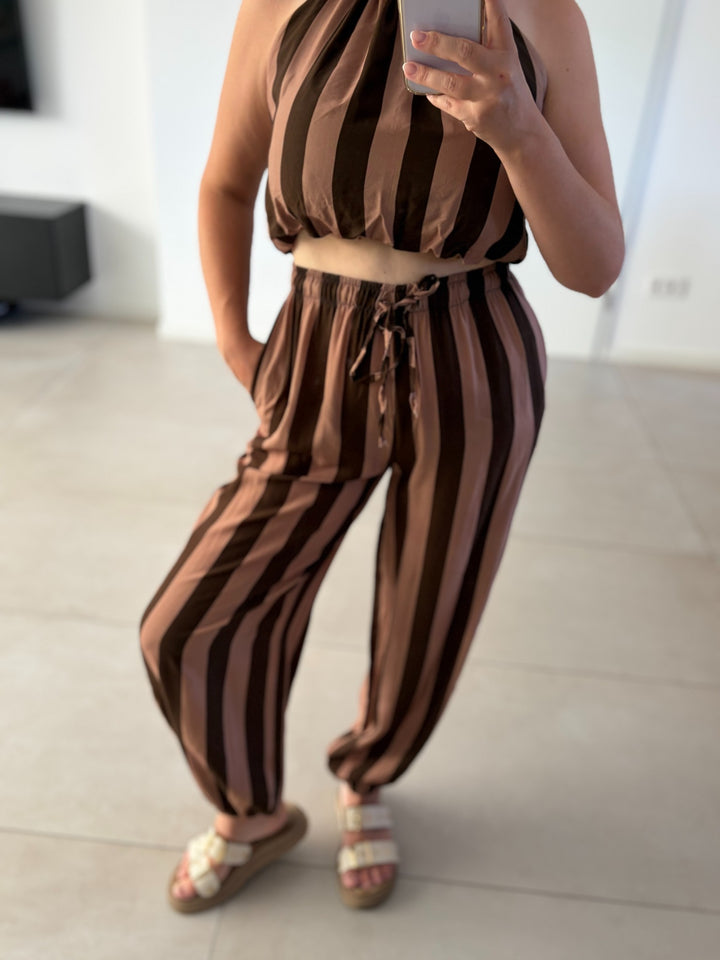 Mocha Stripes Zweiteiler – Hose mit Bindeband