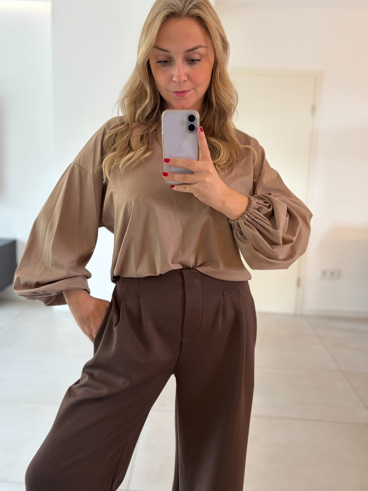 Oversize-Oberteil mit Ballonärmeln in Taupe – Vorderansicht