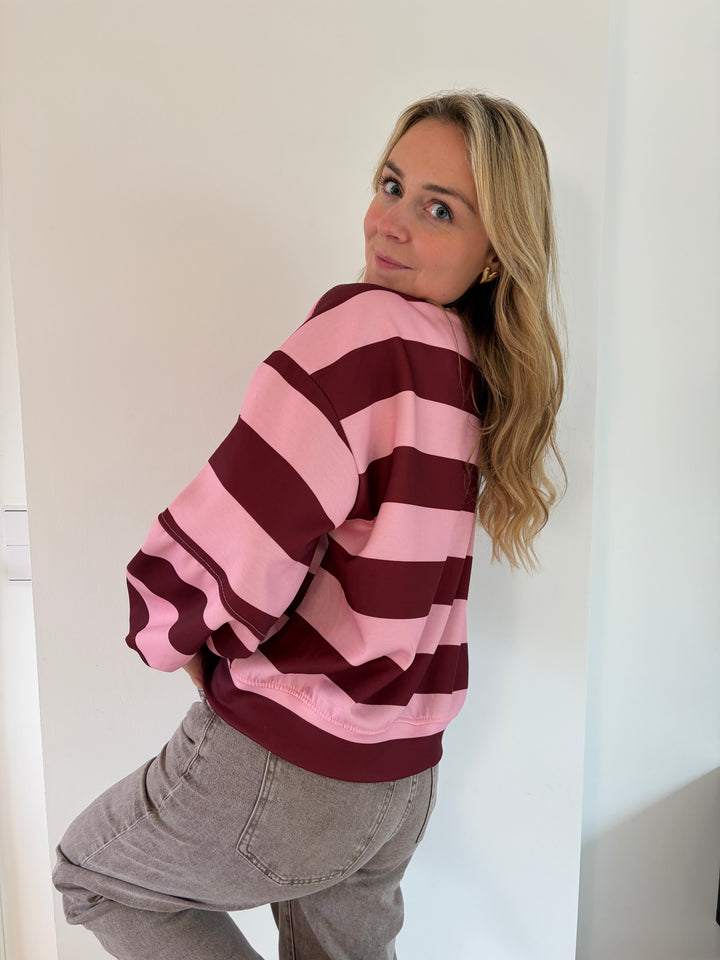 Oversize Streifen-Sweatshirt in Bordeaux &amp; Rosa – Rückansicht