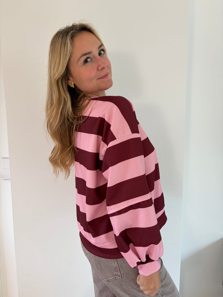 Oversize Streifen-Sweatshirt in Bordeaux &amp; Rosa – seitliche Rückansicht