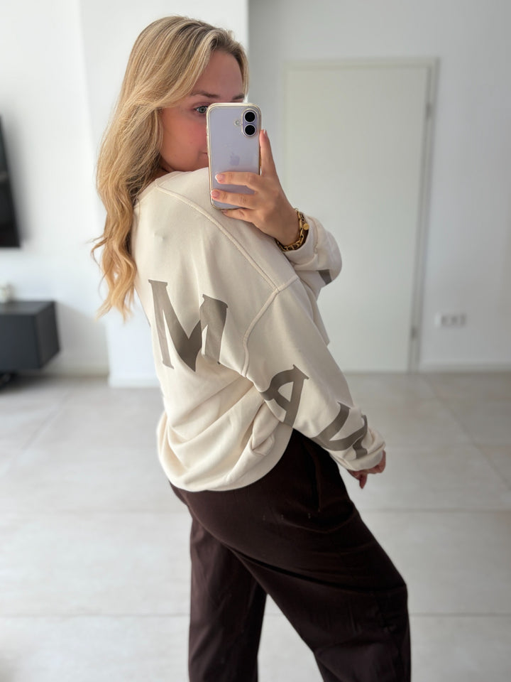 Cremefarbenes Oversize-Sweatshirt mit NAMASTE-Print – Seiten- und Rückenansicht